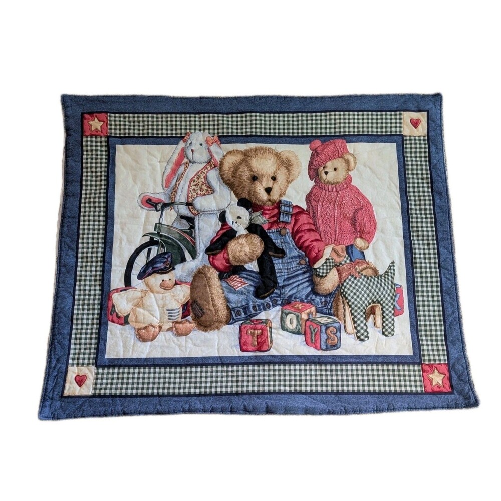 Vintage Blue Jean Bear W/ Toys Panda Duck & Blocks, Teddy Baby Crib Blanket Rare